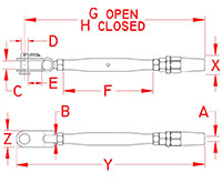 Line Drawing for Quick Attach™ Stud and Toggle Turnbuckles
