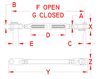 Line Drawing for Chromed Bronze Body Toggle and Toggle Turnbuckles