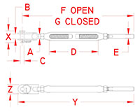 Line Drawing for Open Chromed Bronze Body and Stainless Ends Toggle and Swage Stud Turnbuckles