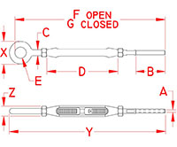 Line Drawing for Open Body Gate Eye and Hand Swage Stud Turnbuckles
